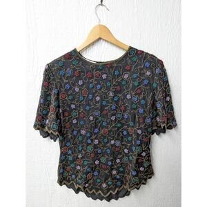 Scala 100% Silk Floral Sequin Beaded Scalloped Evening Cocktail Top Blouse Large